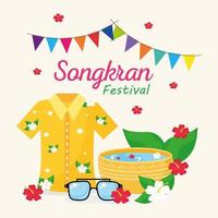 glad songkran festival bokstäver med girlanger och ikoner vektor