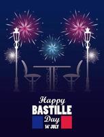 Happy Bastille Day Feier mit Restauranttisch und Stühlen vektor