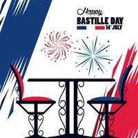 Happy Bastille Day Feier mit Restauranttisch und Stühlen vektor