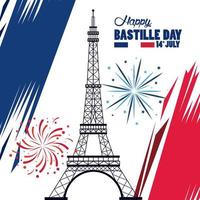 glad bastiljedagens firande med tornet Eiffel och fyrverkerier vektor