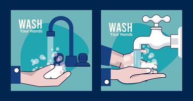 tvätta händerna kampanjaffisch händer och vattenkran vektor