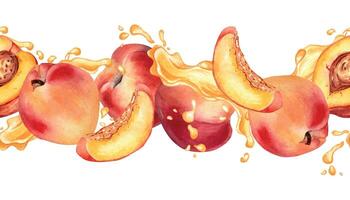 Aquarell Illustration mit Aprikosen auf planschen Saft isoliert auf Weiß. nahtlos Rand mit Früchte und Tropfen malen. Pfirsich Hand gezeichnet. Design Element zum Paket, Etikette Produkt, kosmetisch vektor