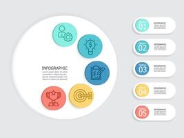 abstrakt Kreis Schritte Zeitleiste Infografik Element Bericht Hintergrund mit Geschäft Linie Symbol 5 Schritte vektor