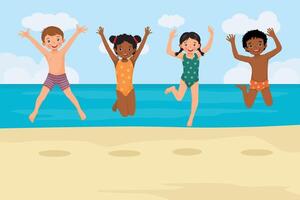 süß Kinder im Badeanzüge Springen zusammen auf das Strand haben Spaß auf Sommer- Urlaub vektor