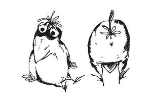 einstellen von Hand gezeichnet Vektor Illustration von Karikatur komisch Krähe, einfarbig skizzieren von süß Vogel Krähe, eingefärbt Silhouette von posieren fliegend Tier isoliert auf Weiß Hintergrund