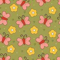 sömlös mönster tecknad serie fjäril med blommor. söt djur- tapet illustration för gåva slå in papper vektor