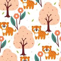 nahtlos Muster Karikatur Tiger und Blume. süß Tier Hintergrund zum Textil, Geschenk wickeln Papier vektor