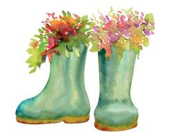 Hand gezeichnet Aquarell Illustration Frühling Gartenarbeit Schuhe, Grün Gummi Stiefel mit Blumen und Blätter. Komposition isoliert auf Weiß Hintergrund. Design drucken, Geschäft, Scrapbooking, Verpackung, Decoupage vektor