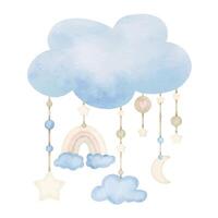 Aquarell kindisch hängend Spielzeug mit Wolke. Hand gezeichnet Illustration von Handy, Mobiltelefon zum Kind Wiege. Zeichnung im süß Pastell- Blau und Rosa Farben zum Baby Dusche Gruß Karten oder kindisch Einladungen vektor