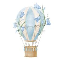 vattenfärg blå varm luft ballong med blommor. årgång hand dragen illustration för bebis dusch fest eller barn inbjudan kort i tecknad serie stil. teckning av gammal retro flygplan för unge design vektor
