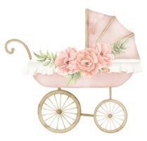 vattenfärg bebis pråm med reste sig blommor i årgång stil. retro unge sittvagn i söt pastell rosa och beige färger. söt transport för barn. hand dragen illustration av barnvagn för nyfödd fest vektor