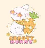 süß glücklich groovig Ostern Hase mit Disko retro Karotte spielerisch Karikatur Gekritzel Tier Hand Zeichnung. vektor