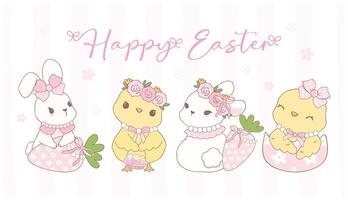 söt rosa kokett påsk kaniner och kycklingar med påsk ägg tecknad serie baner, ljuv retro Lycklig påsk vår djur- hand teckning. vektor