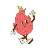 Jahrgang Maskottchen von Drachen Obst isoliert auf Weiß Hintergrund. komisch retro Karikatur tropisch Früchte Charakter Vektor Illustration. Pitaya im groovig Stil. gesund vegan Essen
