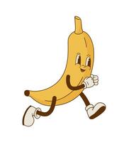 Comic Maskottchen von Laufen Banane Vektor Illustration. komisch retro Karikatur tropisch Obst Charakter. groovig Stil.