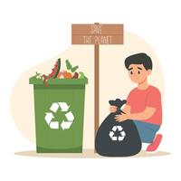 Junge Sitzung und binden Müll Tasche mit organisch recyceln Müll zu werfen Müll Müll in ein Straße Behälter Container mit Recycling Zeichen vektor