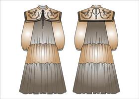 lång ärm främre spets midi klänning främre och tillbaka se detaljerad Linné midi klänning. mode vektor skiss