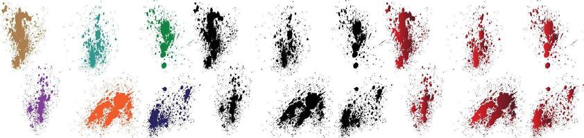 bläck måla abstrakt uppsättning av stänka ner lila, orange, svart, röd, grön, vete Färg blod borsta stroke bakgrund vektor