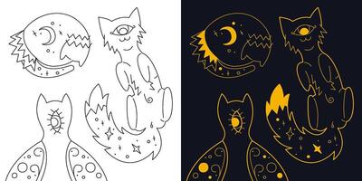 söt mystisk katter som skog djur. tvåfärgad och svart och vit översikt vektor illustration.