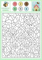 Vektor Garten oder Bauernhof Farbe durch Nummer Aktivität mit süß kawaii Land Haus. Frühling Urlaub Szene. schwarz und Weiß Zählen Spiel mit komisch Hütte, Vogel. Ostern Färbung Seite zum Kinder