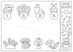 vår svart och vit matchande spel med söt söt blommor och insekter. elementärt trädgård matematik aktivitet för förskola ungar. pedagogisk tryckbar påsk räkning kalkylblad eller färg sida vektor