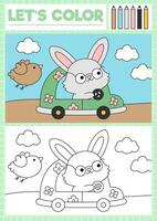 Ostern Färbung Seite zum Kinder mit süß kawaii Szene mit Hase Fahren Wagen. Vektor Frühling Urlaub Gliederung Illustration. Farbe Buch zum Kinder mit farbig Beispiel. Zeichnung druckbar Arbeitsblatt