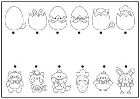 Ostern schwarz und Weiß passend Aktivität zum Kinder mit kawaii Tiere versteckt im Eier. Spaß Frühling Urlaub Puzzle mit süß Schraffur Hase, Küken. druckbar Arbeitsblatt oder Färbung Seite zum Kinder vektor