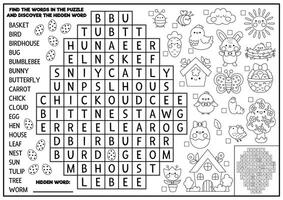 Vektor schwarz und Weiß Ostern Ei geformt Wort Suche Puzzle zum Kinder. Frühling Urlaub Quiz zum Kinder. Färbung Seite mit kawaii Symbole. süß Englisch Sprache Kreuz Wort mit Hase, Küken, Blume