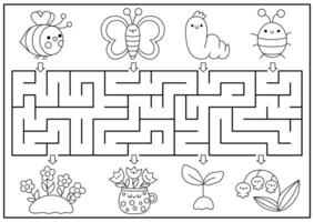 vår svart och vit labyrint för ungar. trädgård geometrisk förskola tryckbar aktivitet med söt insekter, blommor. påsk Semester labyrint spel eller färg sida med söt humla vektor