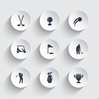 Golf Symbole, Golf Vereine, Golf Spieler, Golfspieler, Golf Tasche, Piktogramme, Symbole auf runden 3d Formen, Vektor Illustration