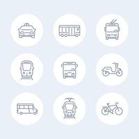 stad transport linje ikoner, spårvagn, tåg, buss, cykel, taxi, trolleybuss vektor ikoner isolerat på vit, vektor illustration