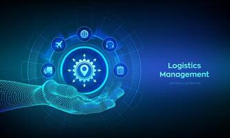 logistik förvaltning begrepp. logistisk ikon i trådmodell hand. smart logistik och transport. logistisk global nätverk distribution. företag av transport industriell. vektor illustration.