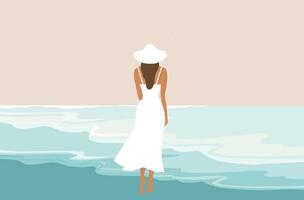 schön Frau im Weiß Kleid auf das Strand Vektor Illustration. Sommer- Ferien Strand Konzept