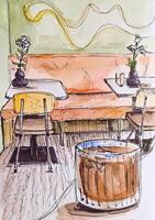 skiss stil is kaffe i de Kafé i de interiör hand dragen illustration skissbok vektor