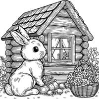 färg sida av påsk kanin ser ut av de fönster av hans små logga hydda med blomma i vit bakgrund vektor