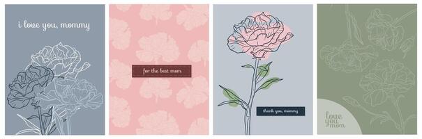 posters kort för mors dag. nejlika blommor och Grattis för mödrar. samling av kort med linjär blommor nejlikor, estetisk minimalism, vektor