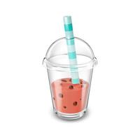 3d bubbla te i hämtmat plast kopp med keps och sugrör tecknad serie stil. vektor