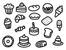 einstellen von Kuchen und Süßigkeiten Kritzeleien auf ein Weiß Hintergrund. handgemalt Kuchen und Süßigkeiten Vektor Illustration