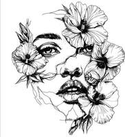 ai generiert Gesicht mit Blumen Linie Zeichnung hoch Definition schwarz Farbe nur vektor