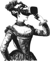 ai genererad kvinna spelar virtuell verklighet headsetet i gammal gravyr stil konst vektor