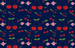 sömlös modern abstrakt körsbär och blommig mönster illustration för tyg, textil, tapet, vägg dekor, förpackning design, omslag papper, tapet, bakgrund. röd och gul blommor på mörk blå vektor