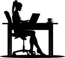 ai generiert Silhouette Büro Schreibtisch mit Laptop und Kaffee mit Frauen Arbeiten Innerhalb vektor