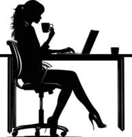 ai generiert Silhouette Büro Schreibtisch mit Laptop und Kaffee mit Frauen Arbeiten Innerhalb vektor