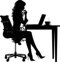 ai generiert Silhouette Büro Schreibtisch mit Laptop und Kaffee mit Frauen Arbeiten Innerhalb vektor