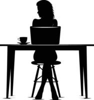 ai generiert Silhouette Büro Schreibtisch mit Laptop und Kaffee mit Frauen Arbeiten Innerhalb vektor