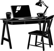 ai generiert Silhouette Büro Schreibtisch mit Laptop und Kaffee schwarz Farbe nur vektor