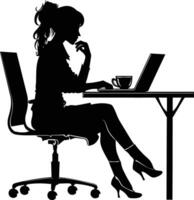 ai genererad silhuett kontor skrivbord med bärbar dator och kaffe med kvinnor arbetssätt inuti vektor