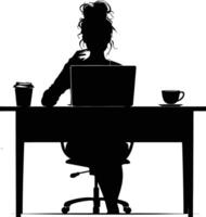 ai generiert Silhouette Büro Schreibtisch mit Laptop und Kaffee mit Frauen Arbeiten Innerhalb vektor