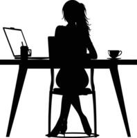 ai generiert Silhouette Büro Schreibtisch mit Laptop und Kaffee mit Frauen Arbeiten Innerhalb vektor