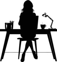 ai generiert Silhouette Büro Schreibtisch mit Laptop und Kaffee mit Frauen Arbeiten Innerhalb vektor